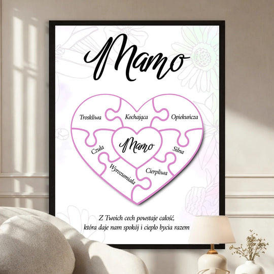 Prezent dla mamy na Dzień Matki - personalizowany plakat w stylu serca z puzzli