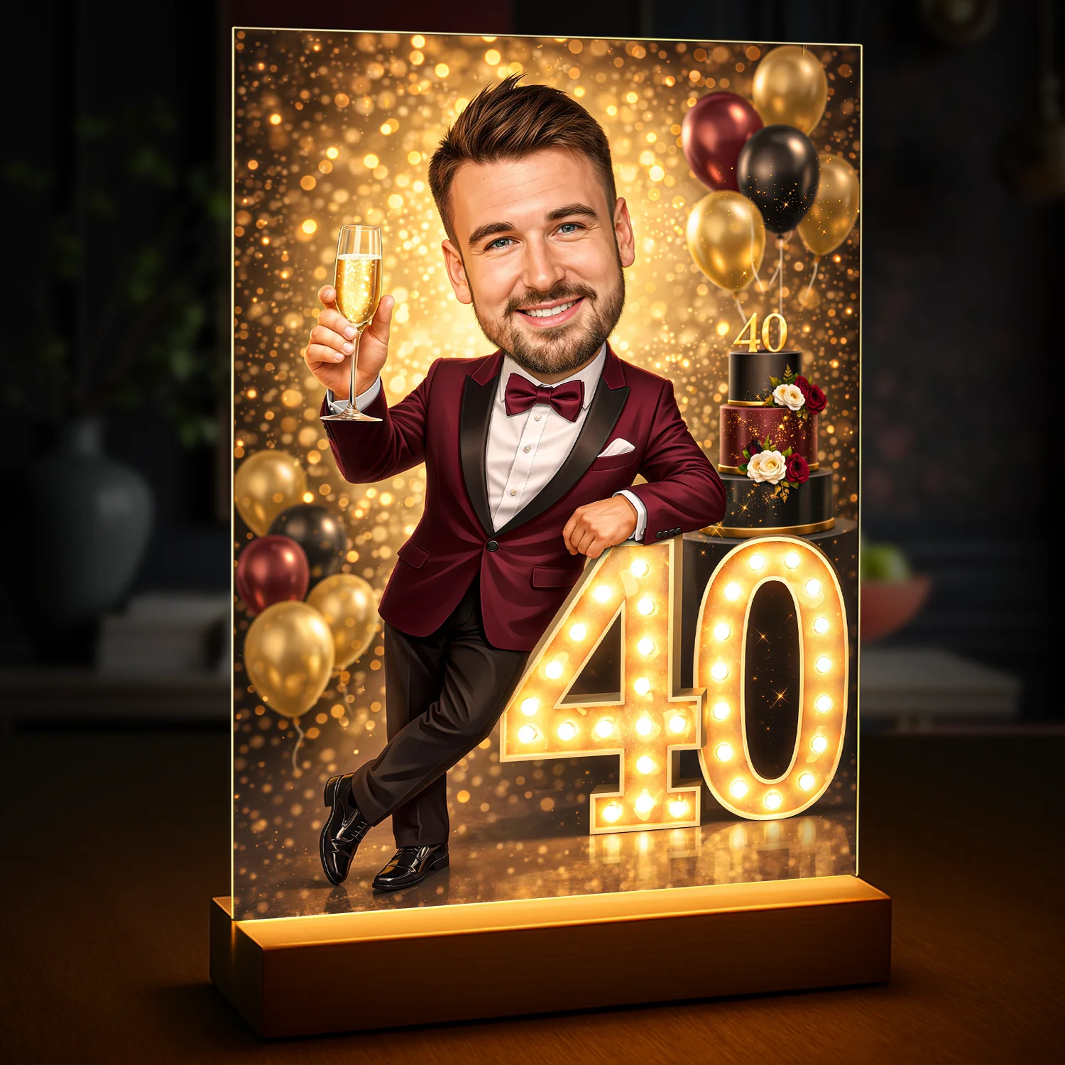 Image of Druk na szkle akrylowym dla niego ze zdjęcia, portret na 40 urodziny, mężczyzna wznosi toast przy cyfrze 40, balony i tort w tle