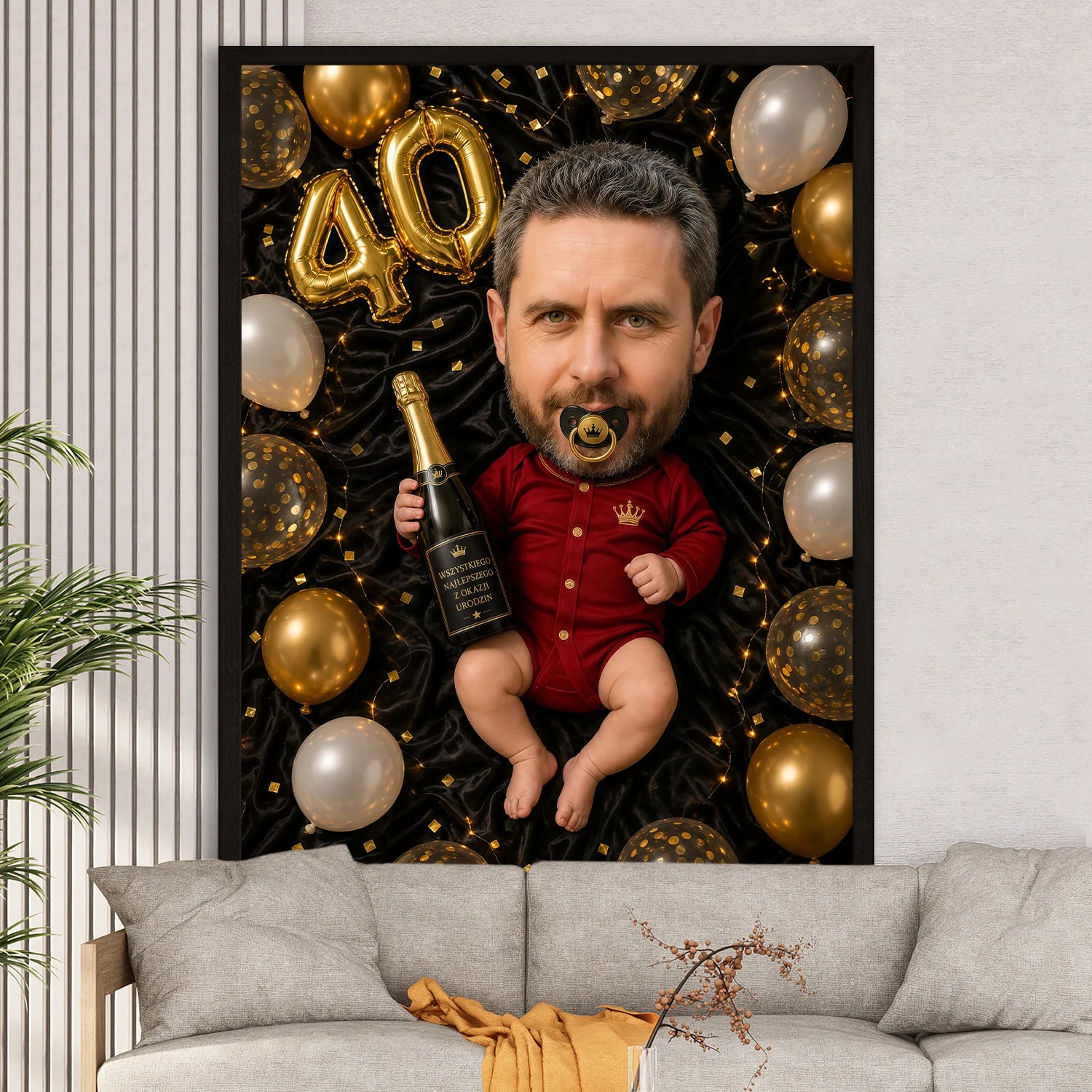 Image of Personalizowany plakat na 40 urodziny z karykaturą mężczyzny ze zdjęcia jako niemowlaka, śmieszny prezent urodzinowy