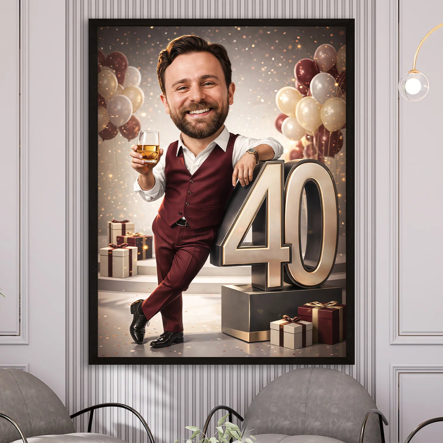Image of Personalizowany plakat mężczyzny na 40 urodziny, bordowy garnitur, kieliszek whisky w dłoni i dekoracja z liczbą 40 w tle