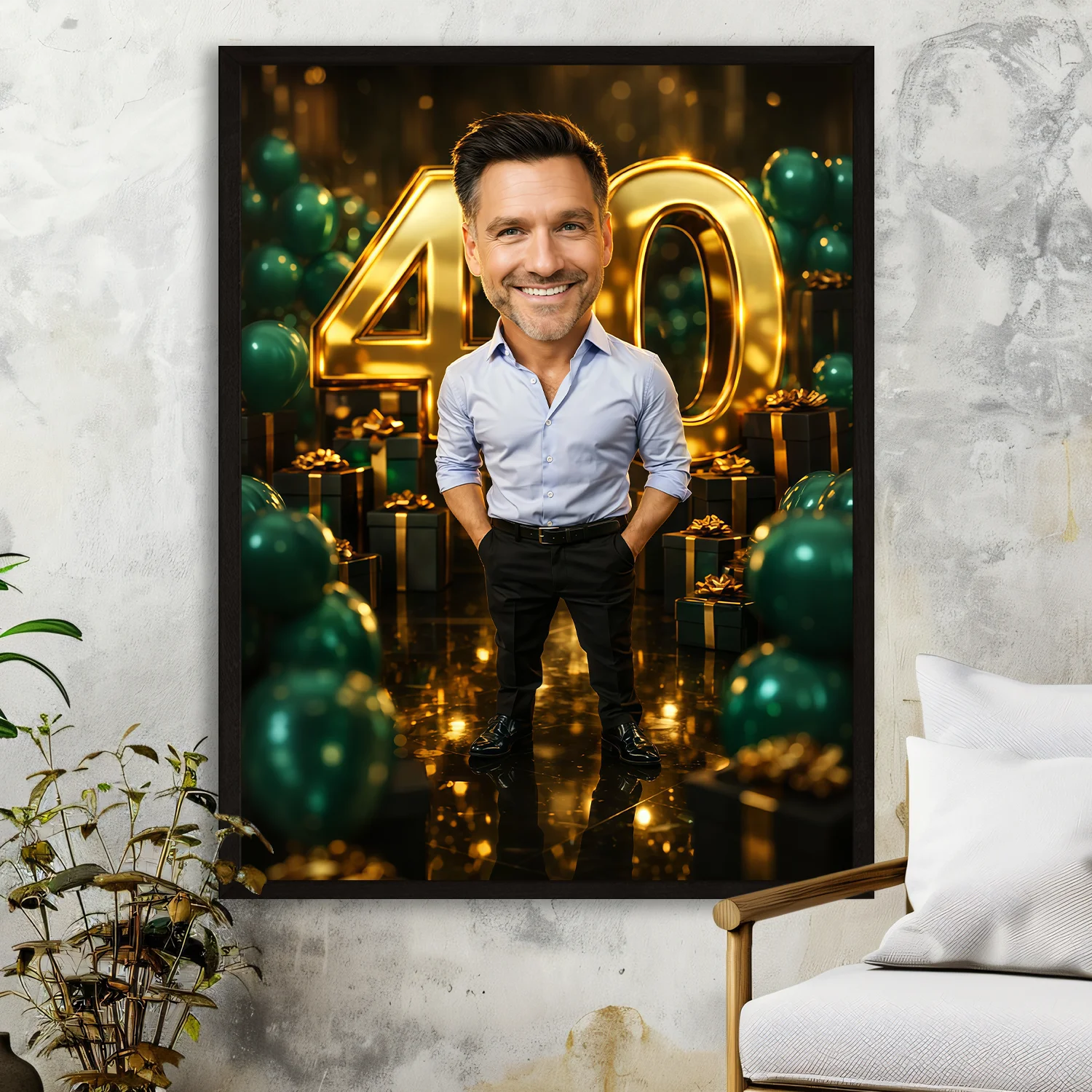 Image of Personalizowany plakat mężczyzny na 40 urodziny, złota liczba 40, zielone balony w tle, elegancki motyw