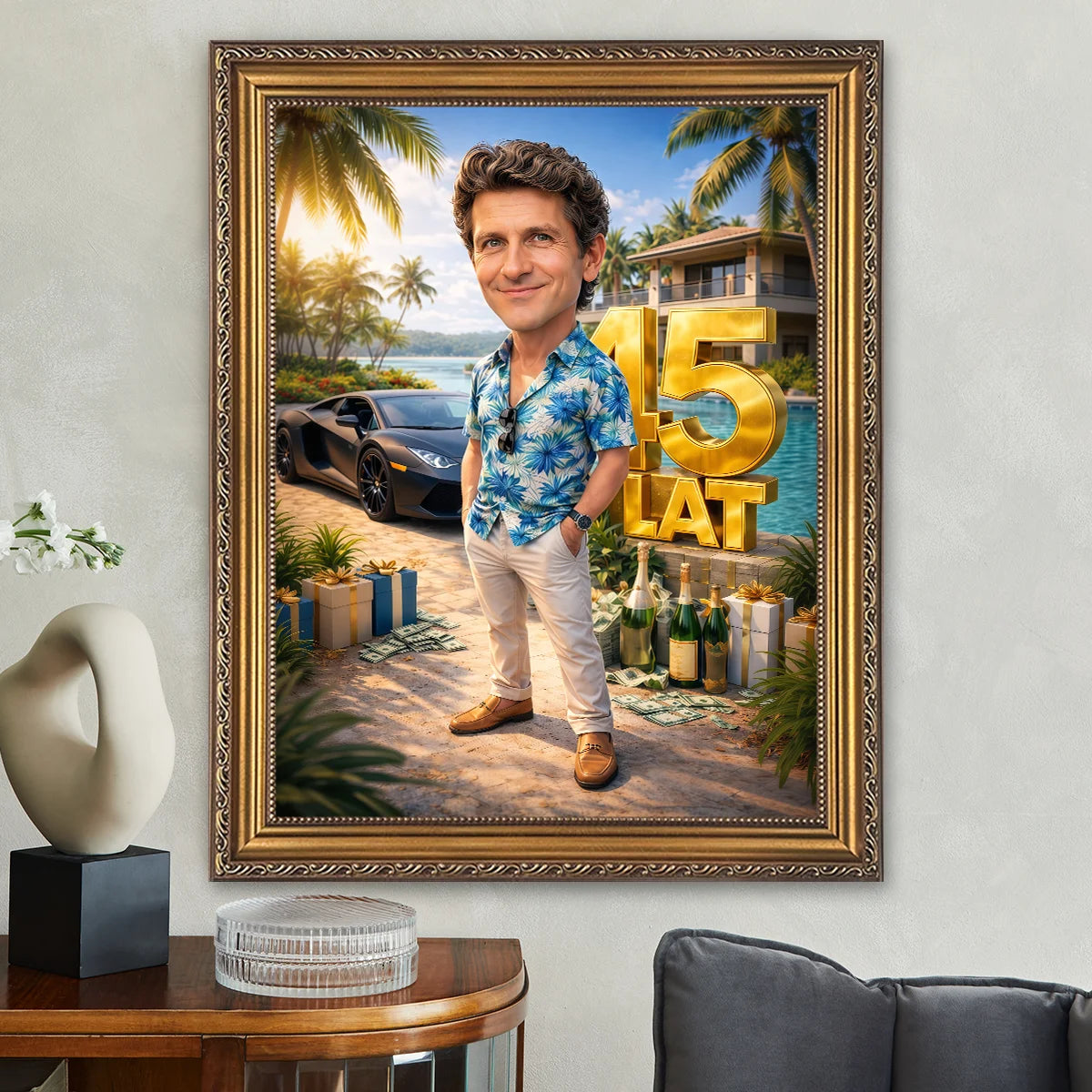 Image of Portret na płótnie na 45 urodziny – mężczyzna z liczbą 45 na tle willi i luksusowego auta, personalizowany, zabawny obraz.