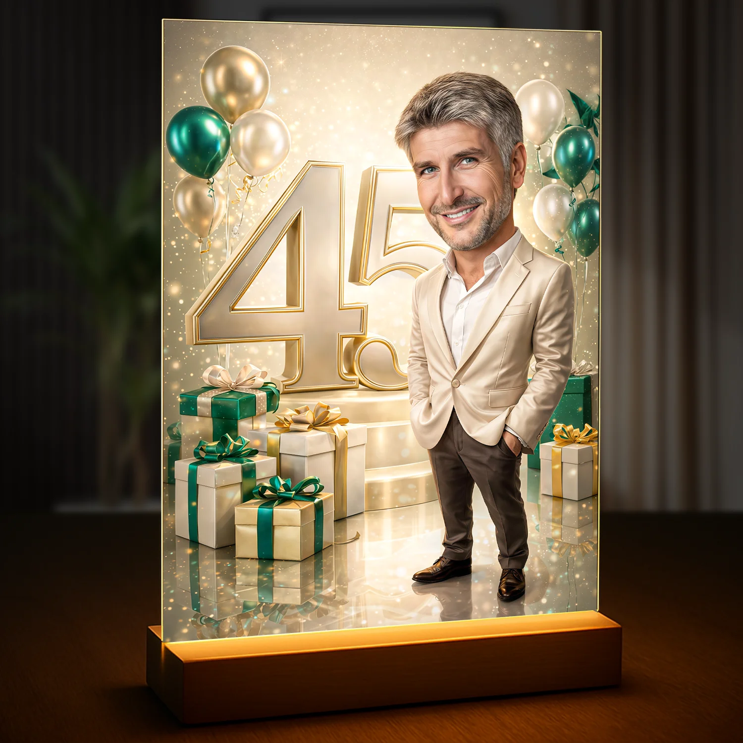 Image of Druk na szkle akrylowym dla niego ze zdjęcia, portret na 45 urodziny, mężczyzna stoi przy cyfrze 45, prezenty i balony w eleganckim tle