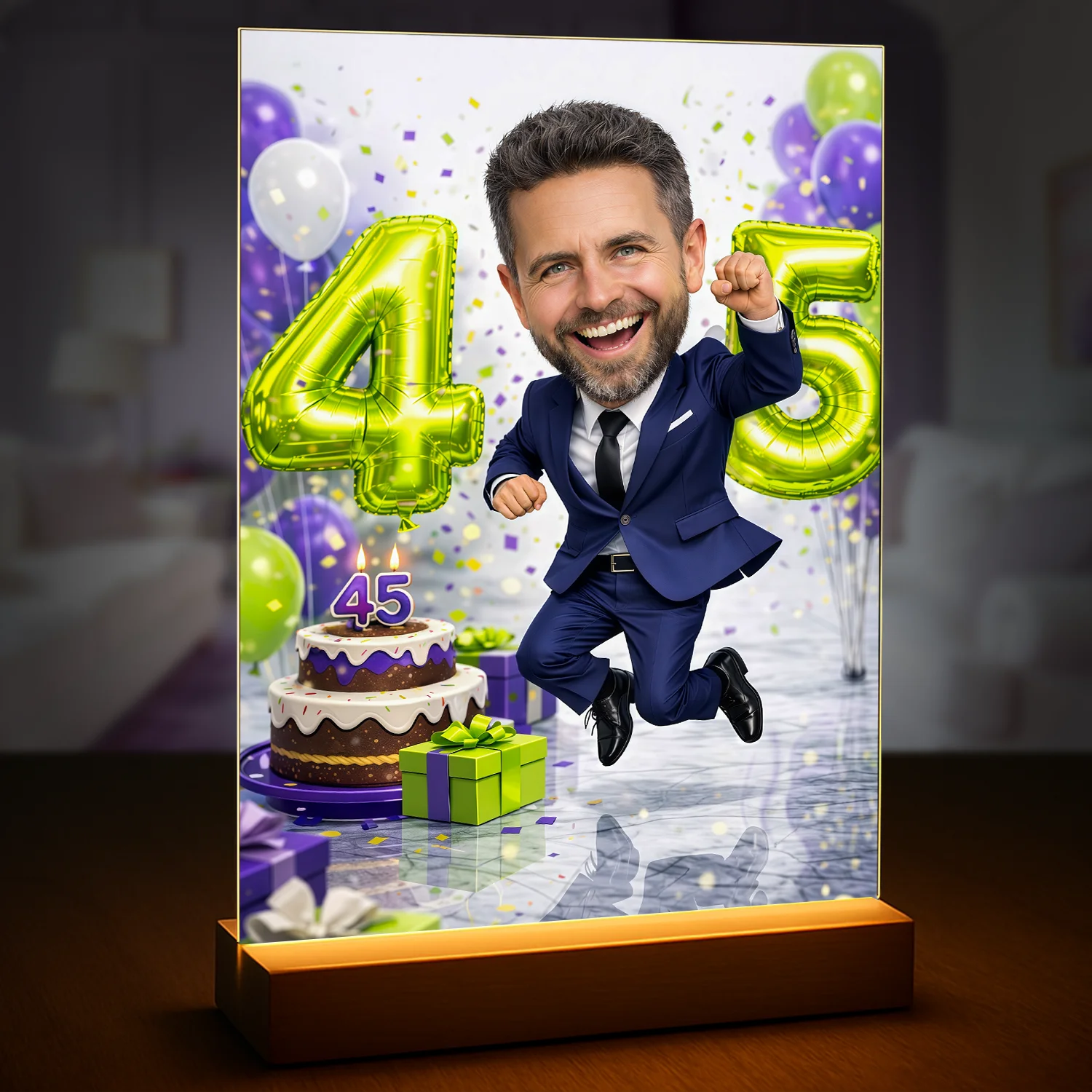 Image of Druk na szkle akrylowym dla niego ze zdjęcia, portret na 45 urodziny, mężczyzna skacze w garniturze przy cyfrze 45, tort i balony