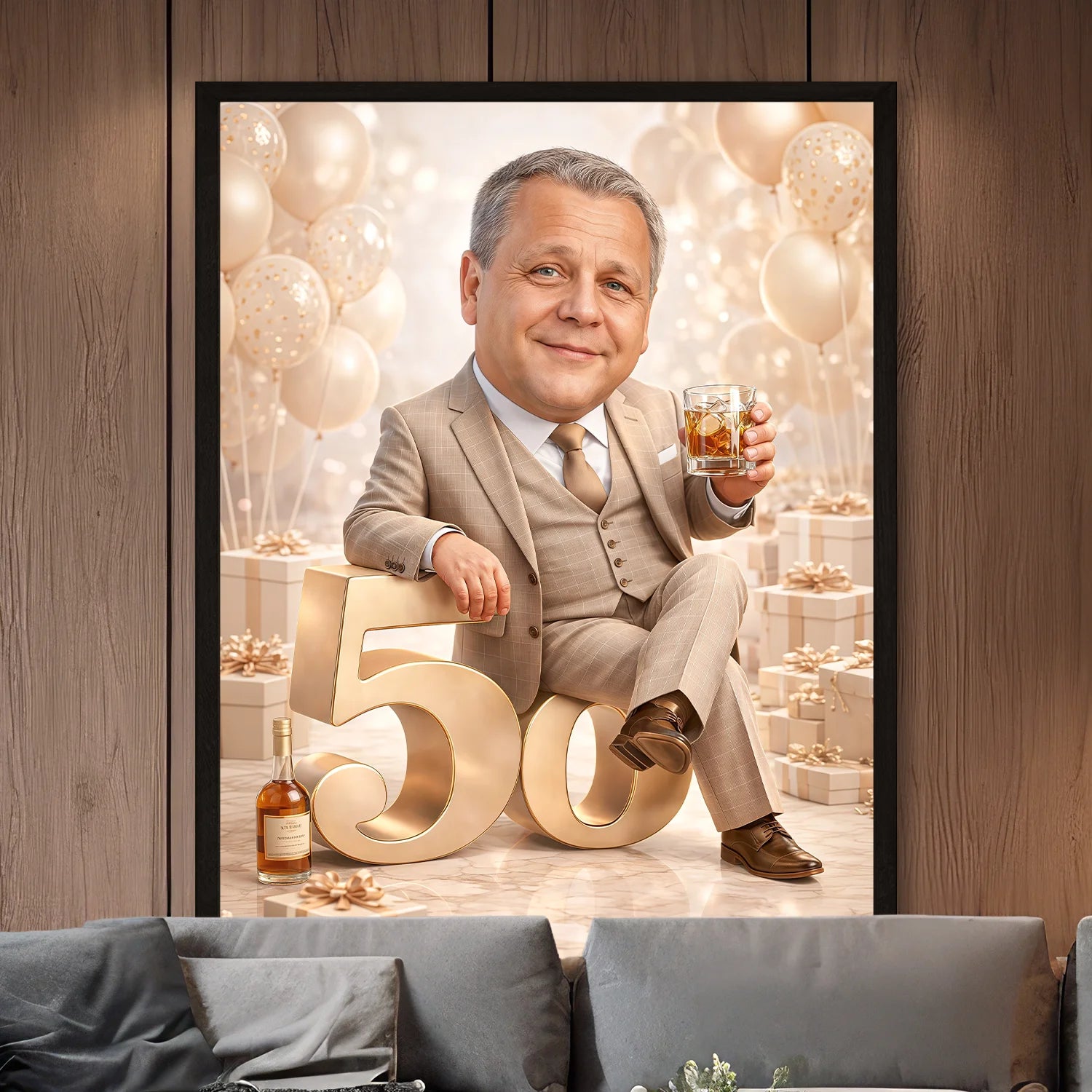 Image of Personalizowany portret mężczyzny na 50 urodziny na plakacie, styl elegancki, siedzi na liczbie 50 z drinkiem, złote tło i dekoracje