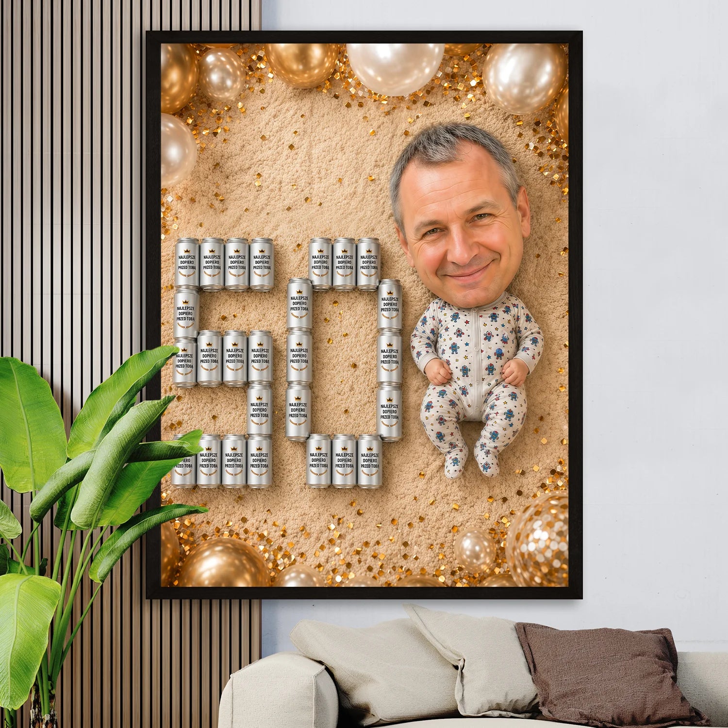 Image of Plakat personalizowany na 50 urodziny z karykaturą mężczyzny ze zdjęcia jako niemowlaka, zabawny motyw