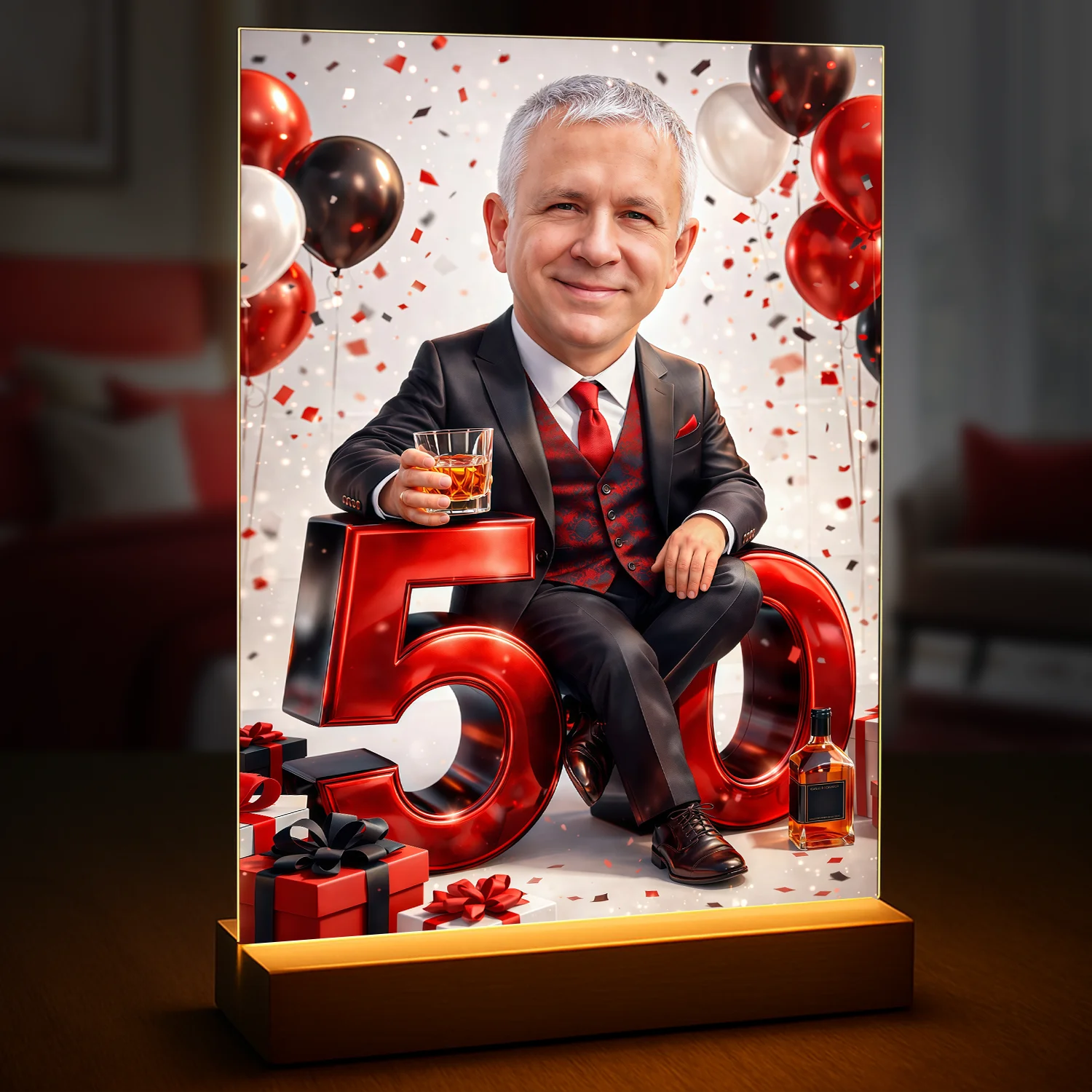 Image of Druk na szkle akrylowym dla mężczyzny na 50 urodziny ze zdjęcia, elegancki portret z czerwonymi balonami i cyfrą 50 jako dekoracją