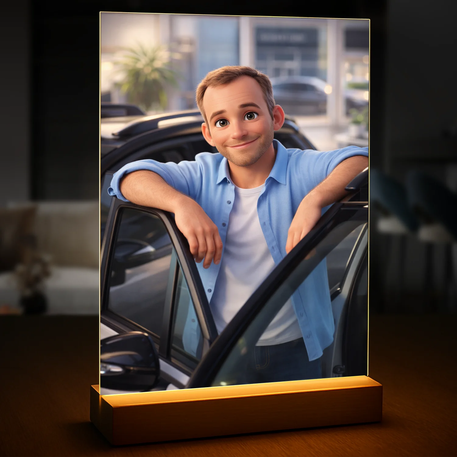 Image of Portret mężczyzny na szkle akrylowym w stylu ilustracji, przy samochodzie, personalizowany druk ze zdjęcia, oryginalny prezent dla niego