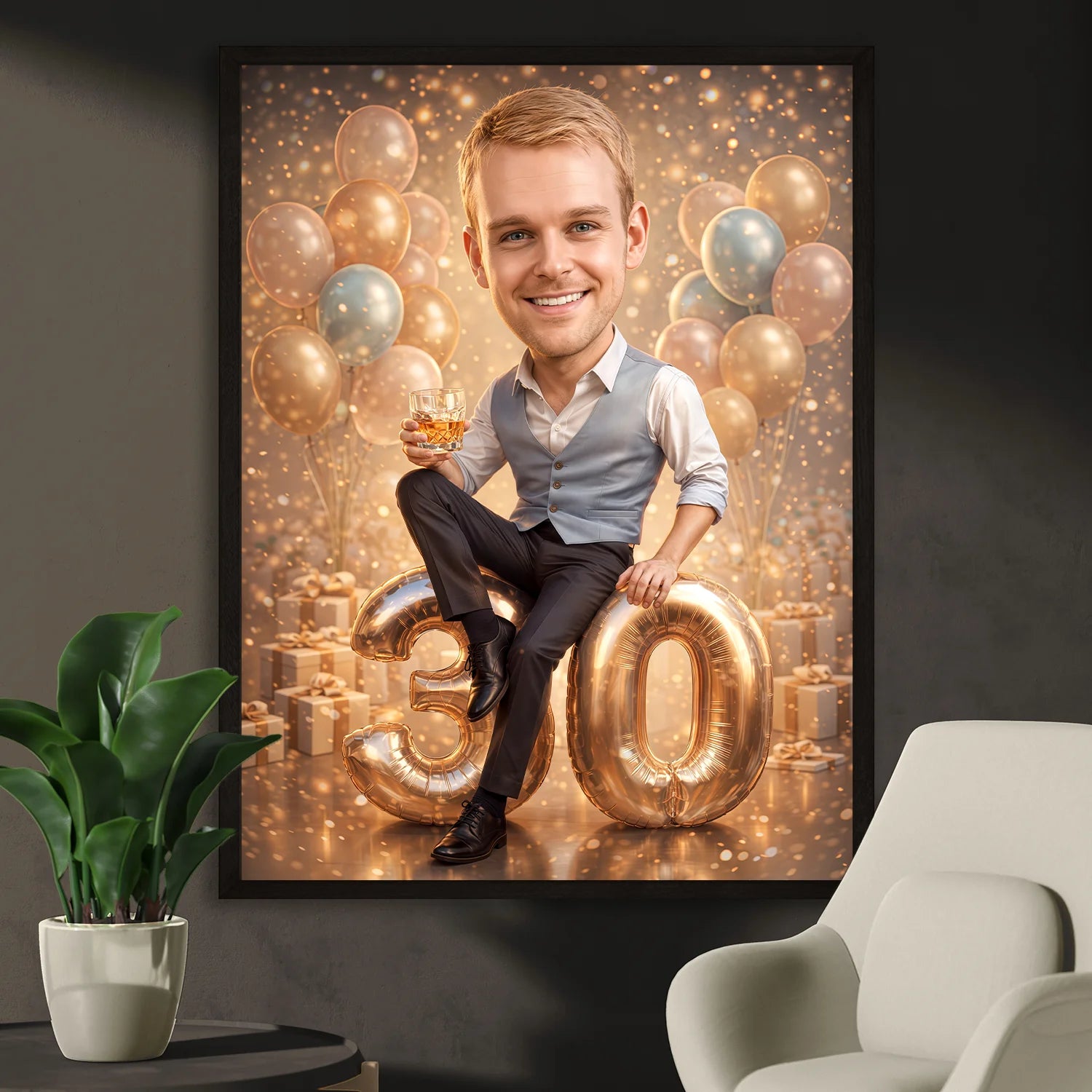 Image of Personalizowany portret mężczyzny na 30 urodziny na plakacie, styl elegancki, siedzi na liczbie 30 z drinkiem, złote balony w tle