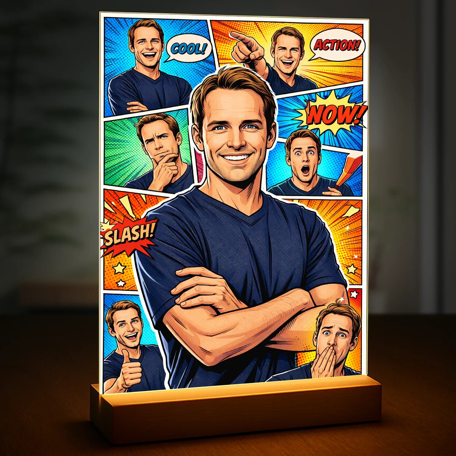 Image of Portret mężczyzny na szkle akrylowym w stylu komiksowym, dynamiczne kadry i napisy, personalizowany druk ze zdjęcia, oryginalny prezent dla niego