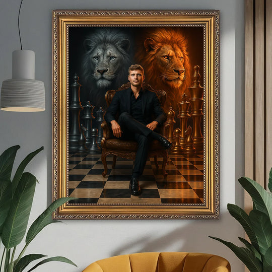 Portret mężczyzny z lwami - obraz na płótnie z Twojego zdjęcia