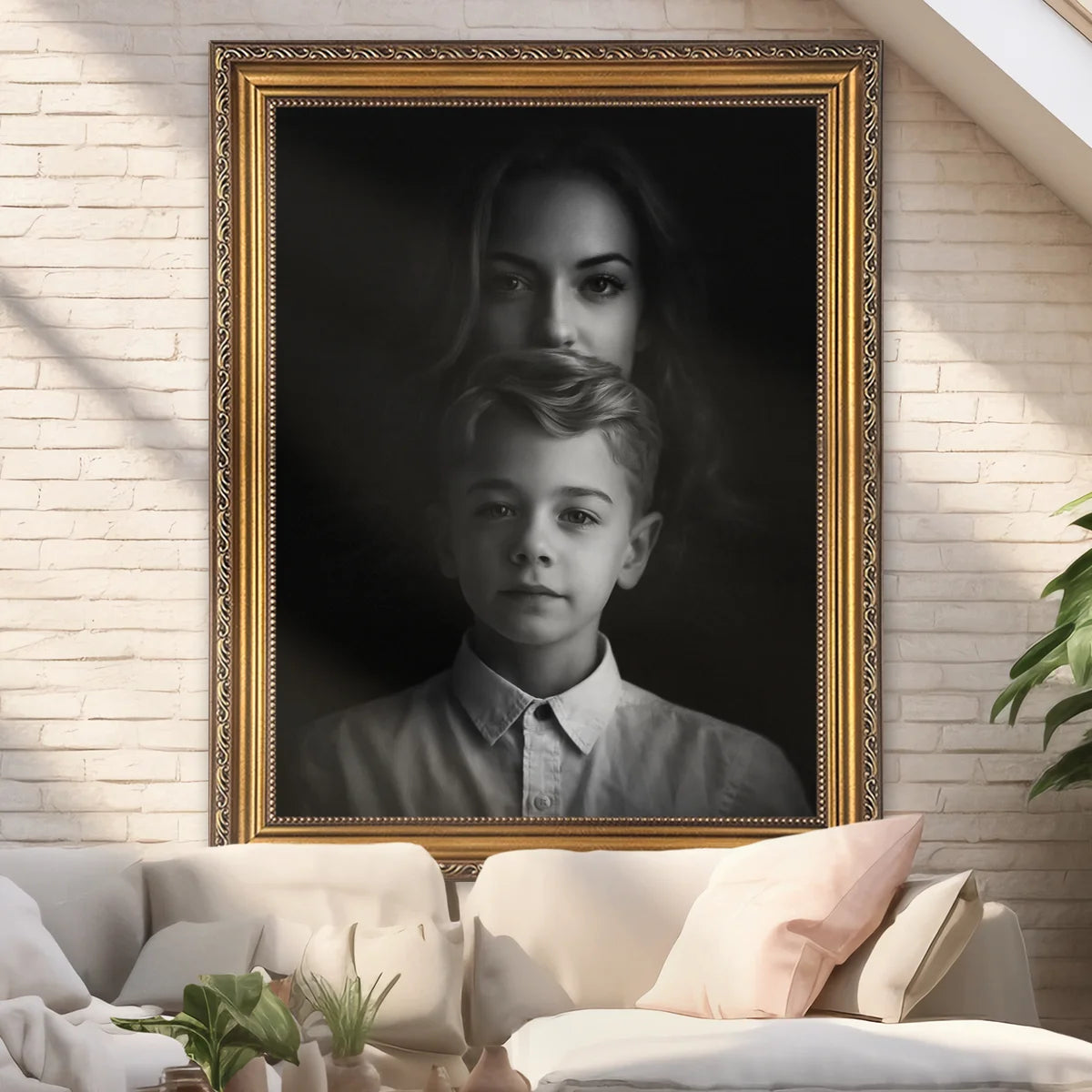 Image of Czarno-biały portret mamy i syna na płótnie – personalizowany obraz ze zdjęcia, elegancka dekoracja lub prezent dla mamy.