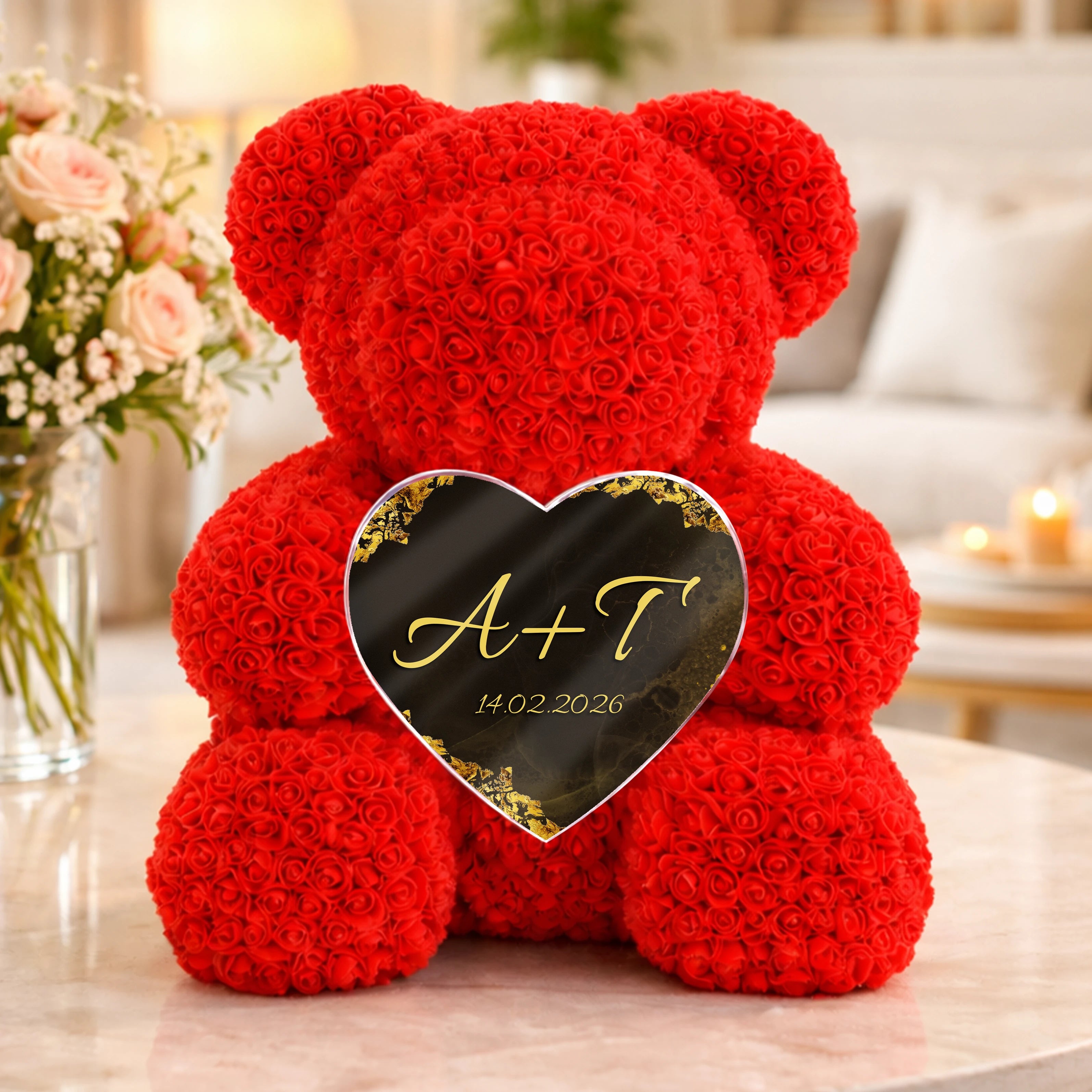 Image of Inicjały + data - miś z róż z personalizowanym sercem