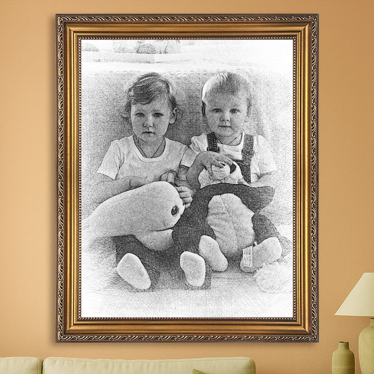 Image of Ołówkowy portret rodzeństwa - obraz na płótnie z Twojego zdjęcia