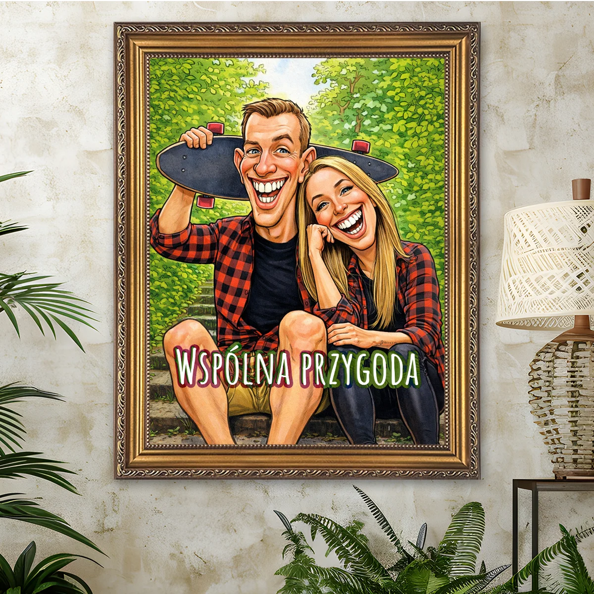Image of Karykatura pary ze zdjęcia z napisem „Wspólna przygoda” – uśmiechnięta para, personalizowany portret, prezent dla dwojga