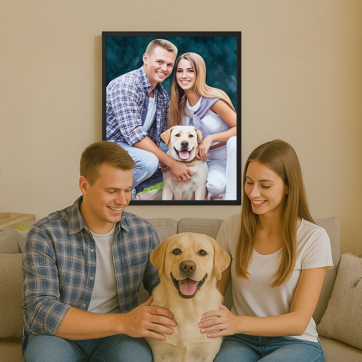 Image of Portret pary z psem - obraz na płótnie z Twojego zdjęcia