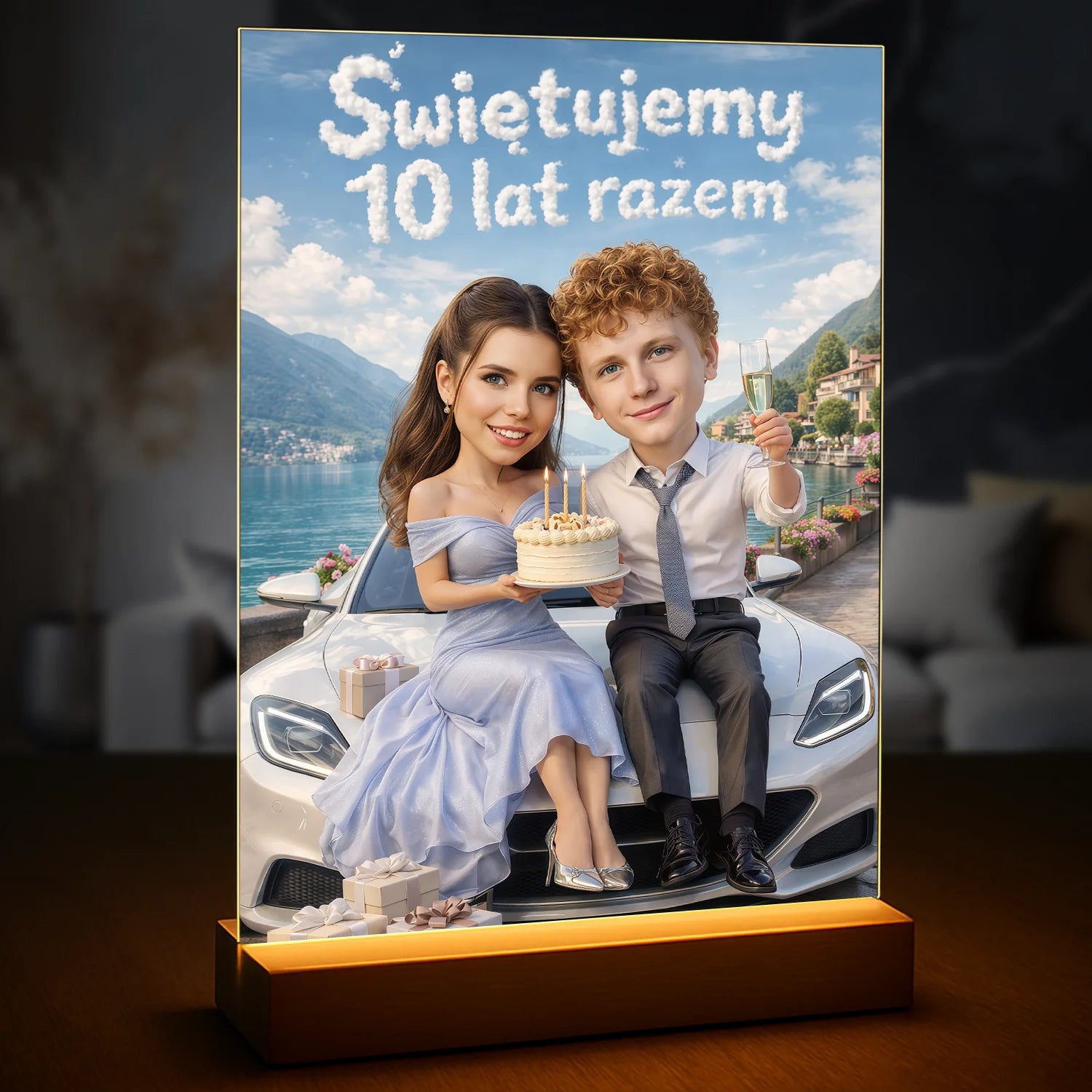Image of Obraz na szkle akrylowym dla zakochanych na 10 rocznicę ze zdjęcia, personalizowany portret z krajobrazem jeziora i gór w tle