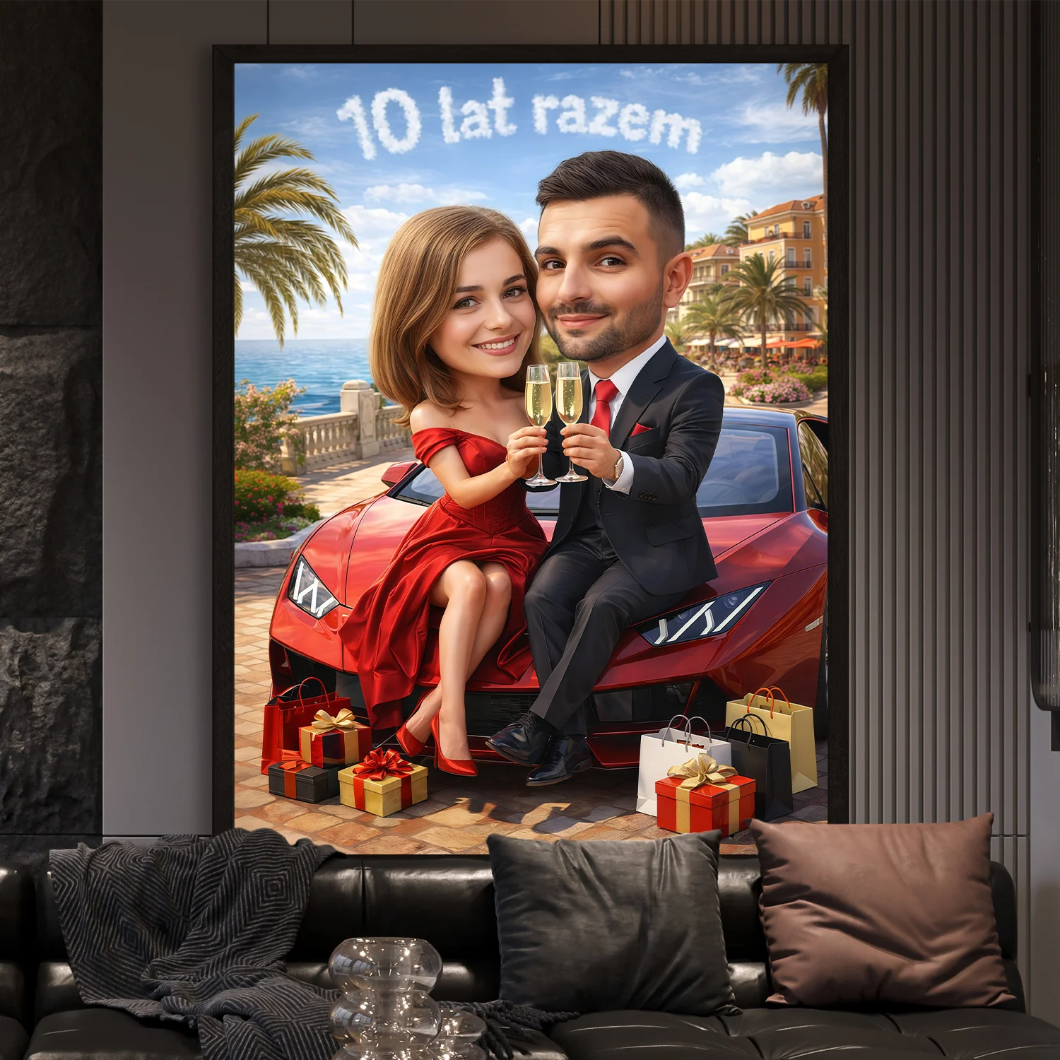 Image of Personalizowany plakat pary na 10 rocznicę, karykatura ze zdjęcia, romantyczna scena z autem i prezentami, elegancki prezent