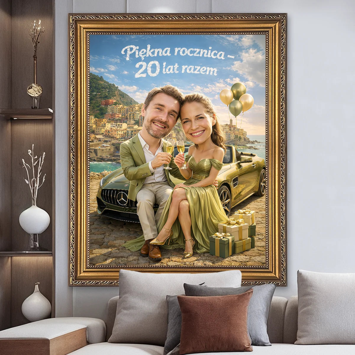 Image of Personalizowany portret pary na rocznicę, obraz ze zdjęcia 20 lat razem, romantyczna scena z samochodem, balonami i prezentami w eleganckiej ramie