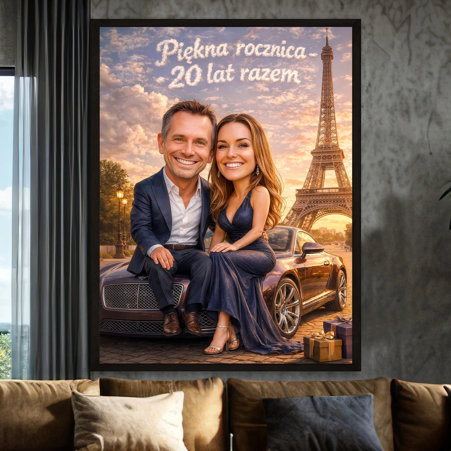 Image of Personalizowany plakat pary na rocznicę 20 lat, karykatura ze zdjęcia, romantyczna scena w Paryżu z autem i prezentami, elegancki styl