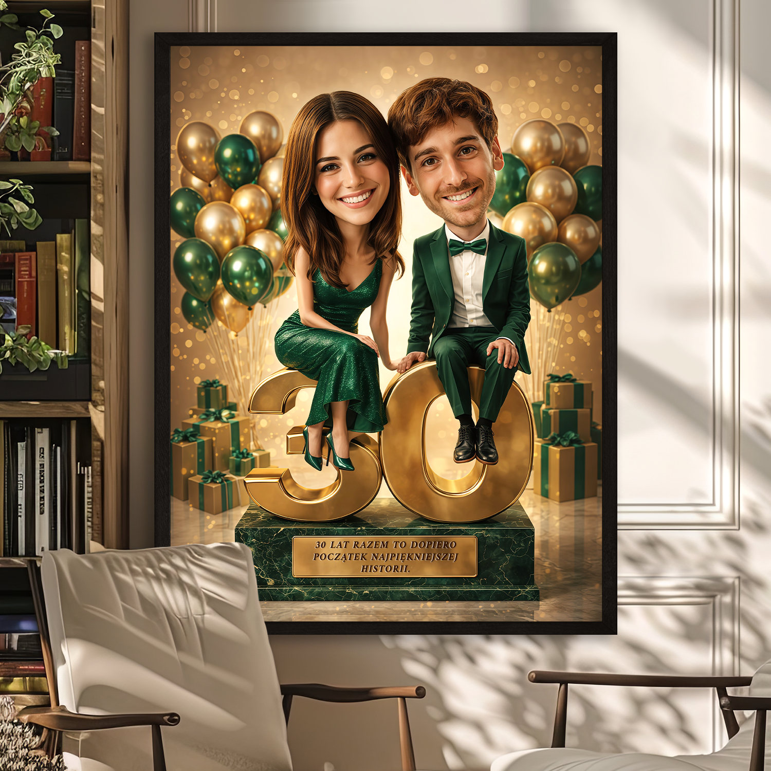 Image of Personalizowany portret pary na 30 rocznicę na plakacie, elegancki styl, para siedzi na liczbie 30, złote i zielone balony w tle