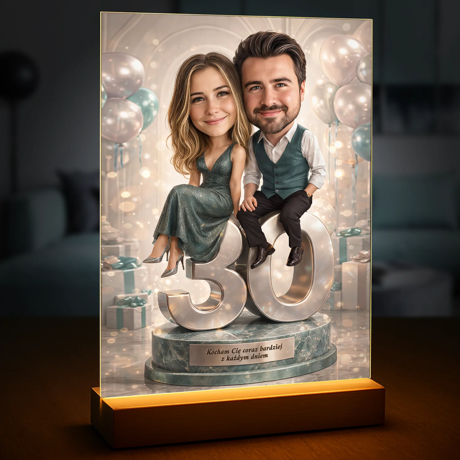 Image of Druk na szkle akrylowym dla pary ze zdjęcia, portret na 30 rocznicę, elegancki styl z cyfrą 30, prezent na rocznicę