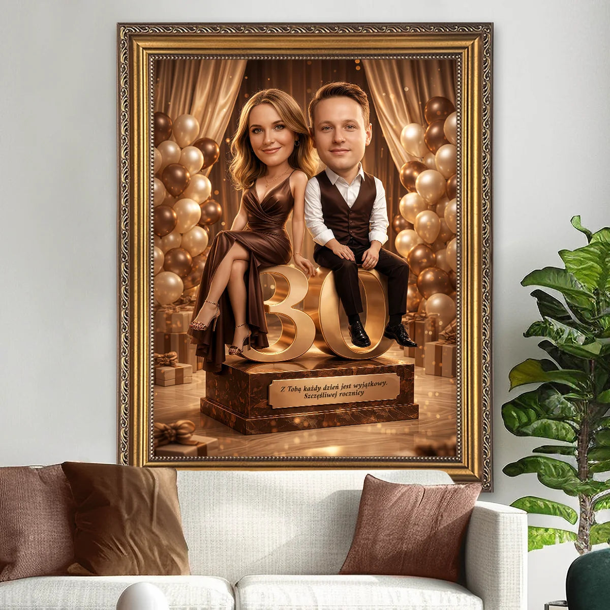 Image of Portret pary na płótnie w stylu glamour na 30 rocznicę ślubu ze zdjęcia z napisem – personalizowany, elegancki prezent dla dwojga.