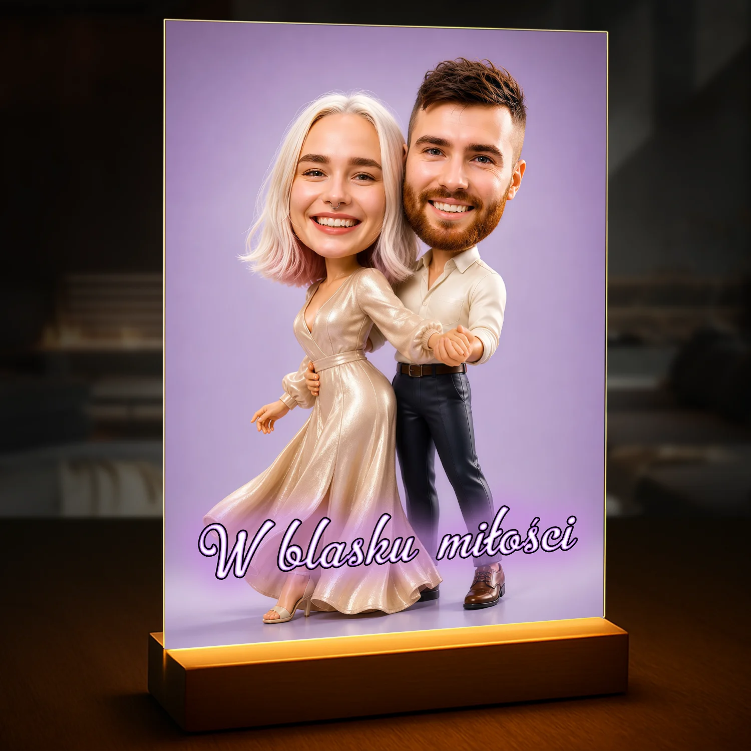 Image of Personalizowany druk na szkle akrylowym z karykaturą pary ze zdjęcia, romantyczny portret zakochanych w eleganckim stylu