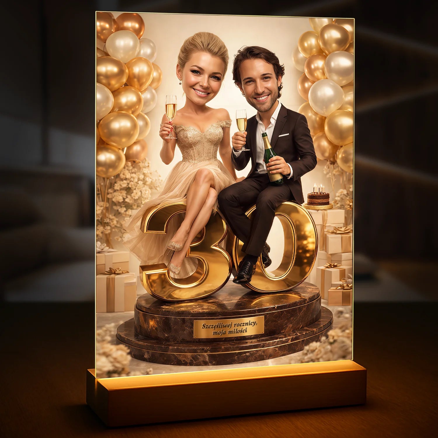 Image of Druk na szkle akrylowym dla pary ze zdjęcia, portret na 30 rocznicę, elegancki styl ze złotymi balonami i toastem, prezent