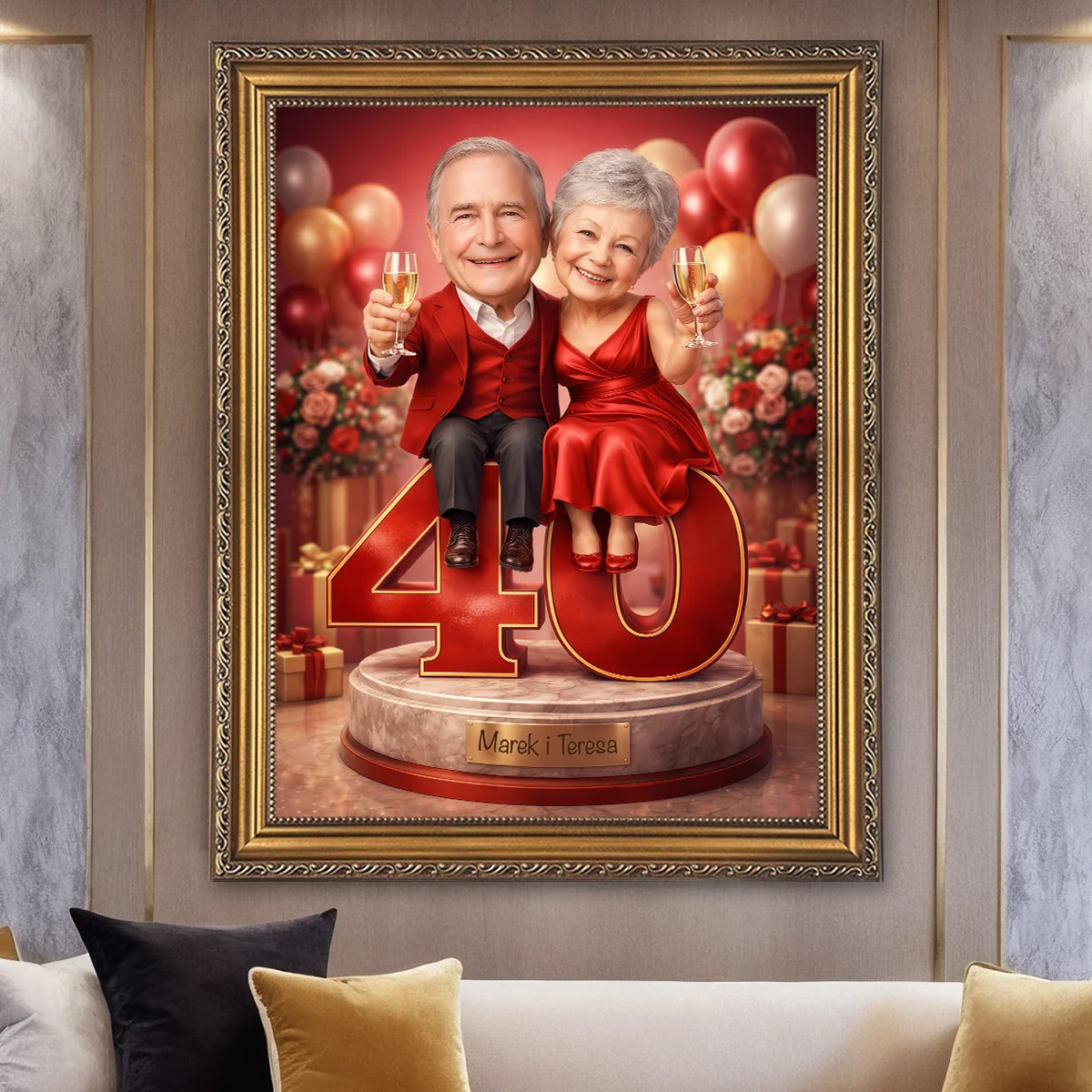 Image of Personalizowany portret pary na 40 rocznicę na płótnie, obraz ze zdjęcia z liczbą 40, elegancka para z kieliszkami i dekoracją w tle