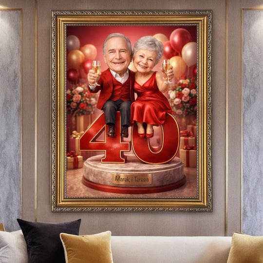 Oryginalny prezent dla pary na 40 rocznicę ślubu - karykatura ze zdjęcia, portret na płótnie złota rocznica