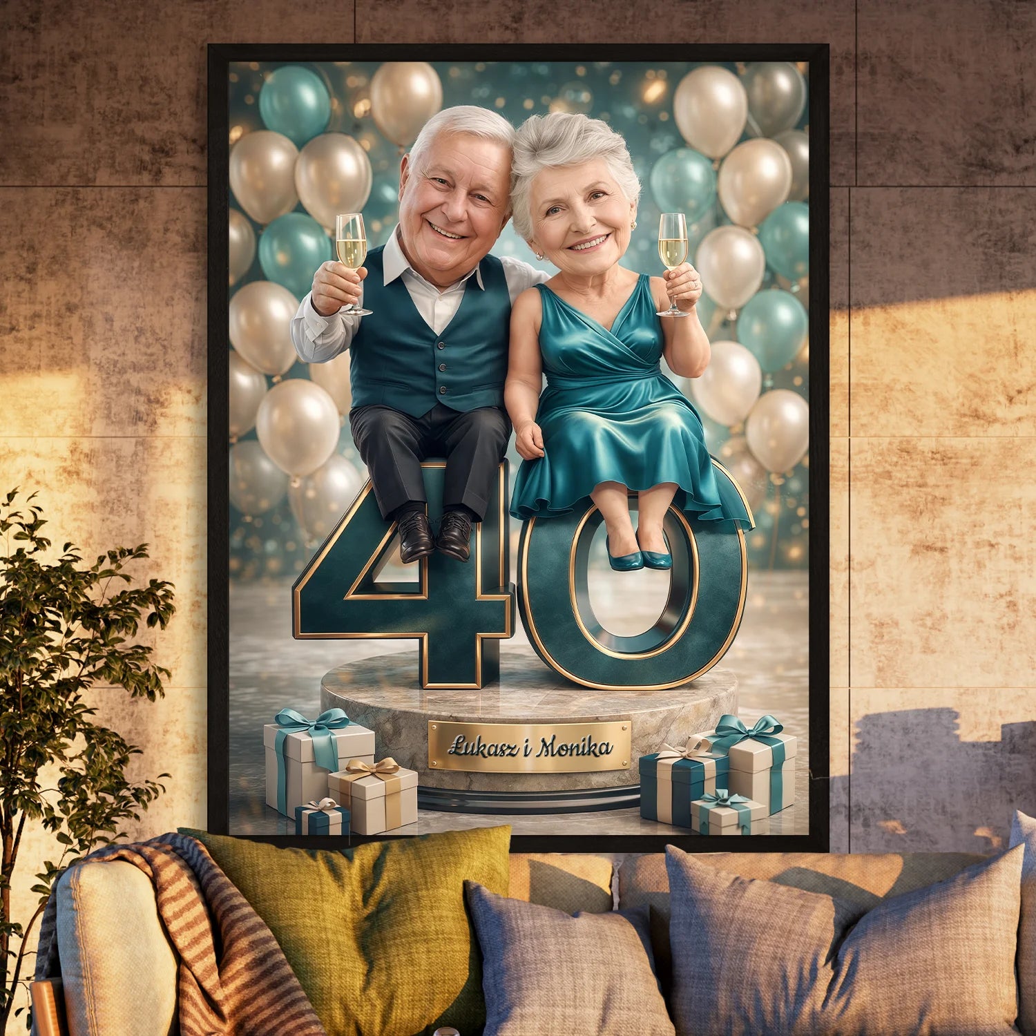 Image of Karykatura pary na plakacie ze zdjęcia, 40 rocznica, liczba 40, toast i balony, personalizowany prezent dla pary