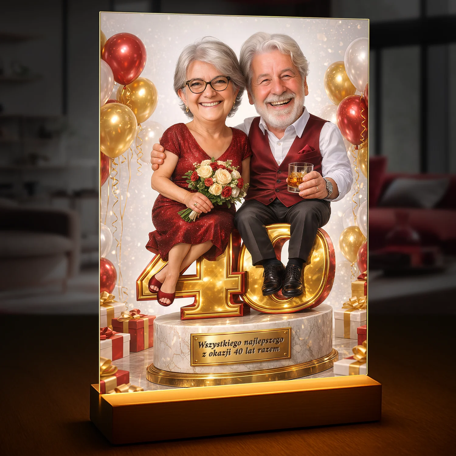 Image of Obraz na szkle akrylowym dla małżonków na 40 rocznicę ze zdjęcia, personalizowany portret z czerwonym tłem i złotymi balonami