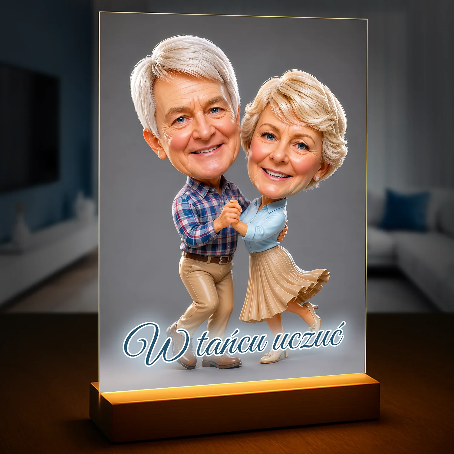 Image of Druk na szkle akrylowym z karykaturą starszej pary tańczącej razem, personalizowany portret ze zdjęcia na rocznicę ślubu lub inną okazję