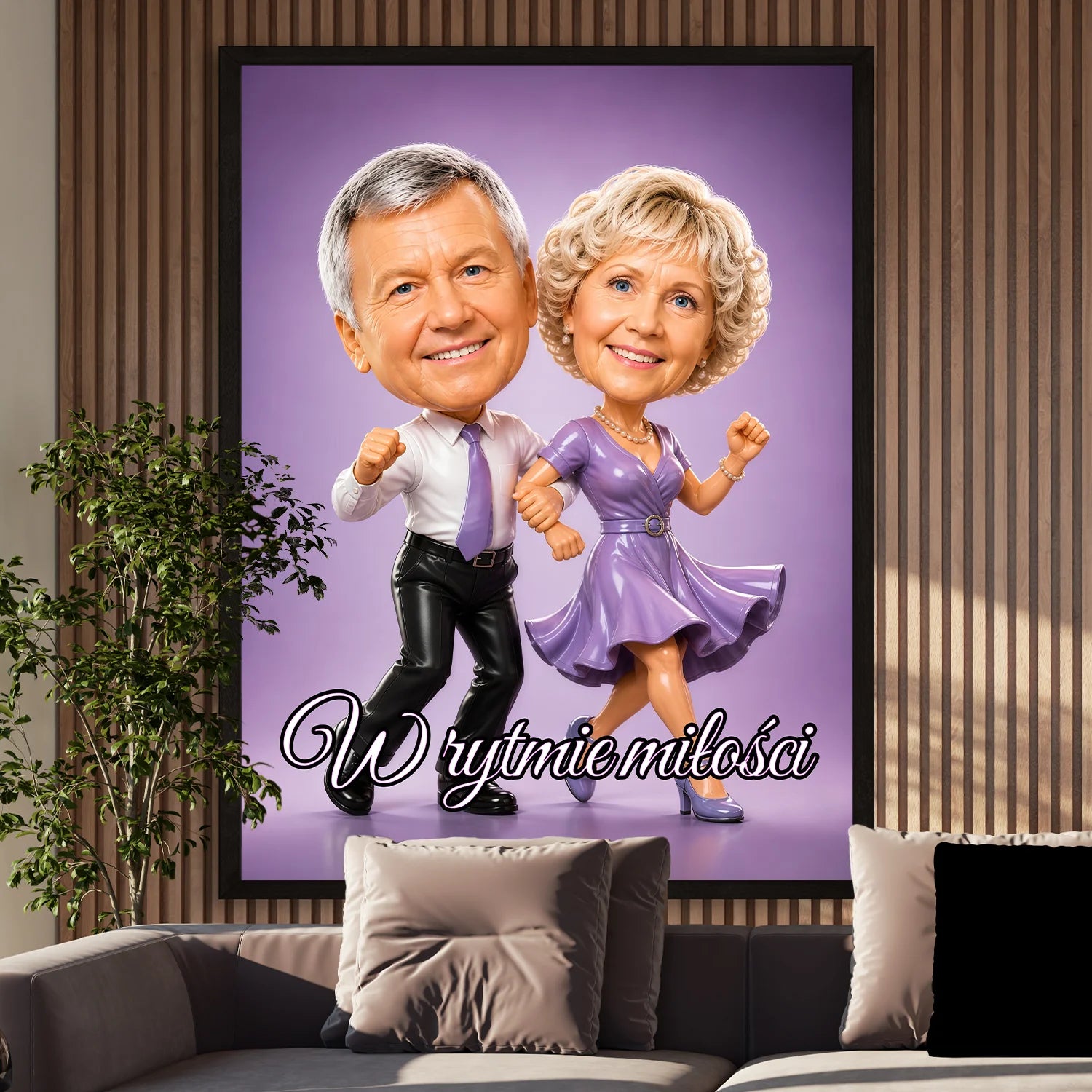 Image of Personalizowany plakat z karykaturą starszej pary podczas tańca, prezent na rocznicę ślubu w fioletowej kolorystyce