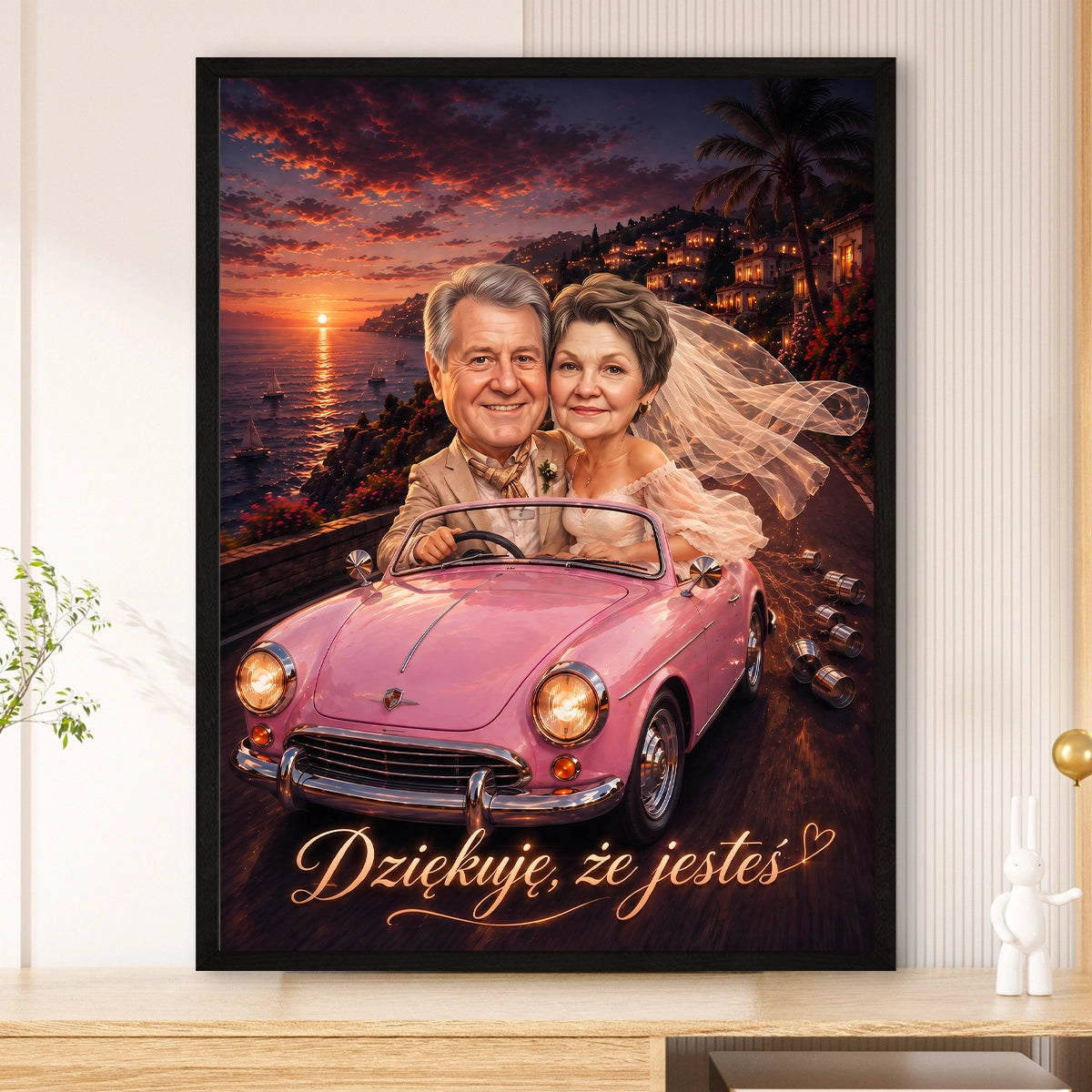 Image of wymalujchwile.pl – plakat portret pary w różowym kabriolecie – prezent na rocznicę ślubu