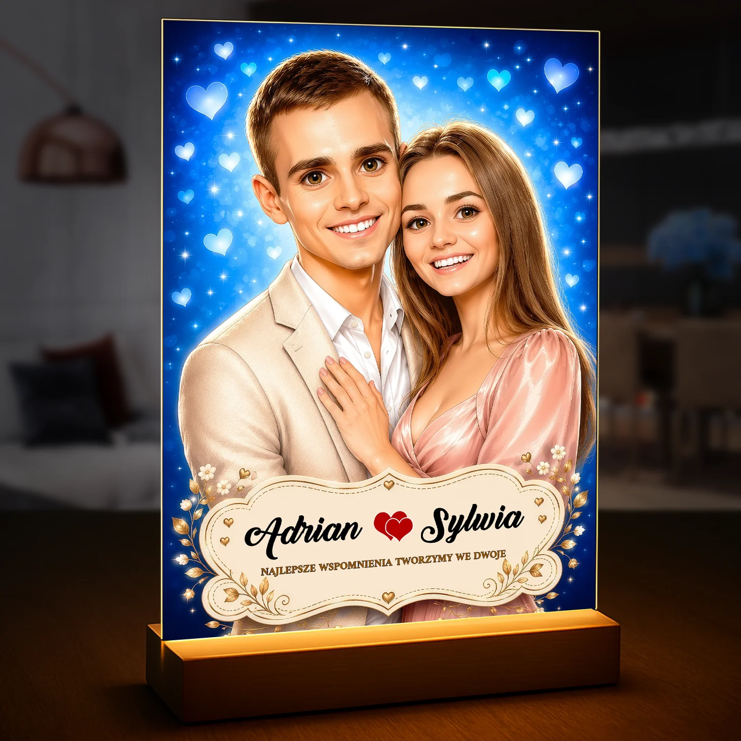 Image of Karykatura pary ze zdjęcia na szkle akrylowym, personalizowany prezent na rocznicę dla zakochanych