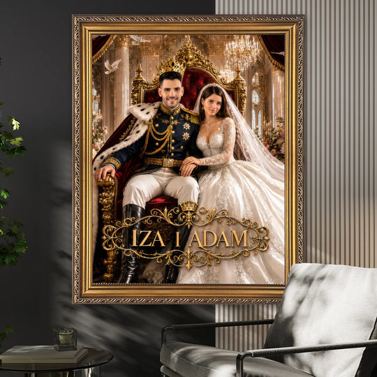 Oryginalny prezent dla pary młodej na ślub – portret na płótnie Para królewska w dniu ślubu