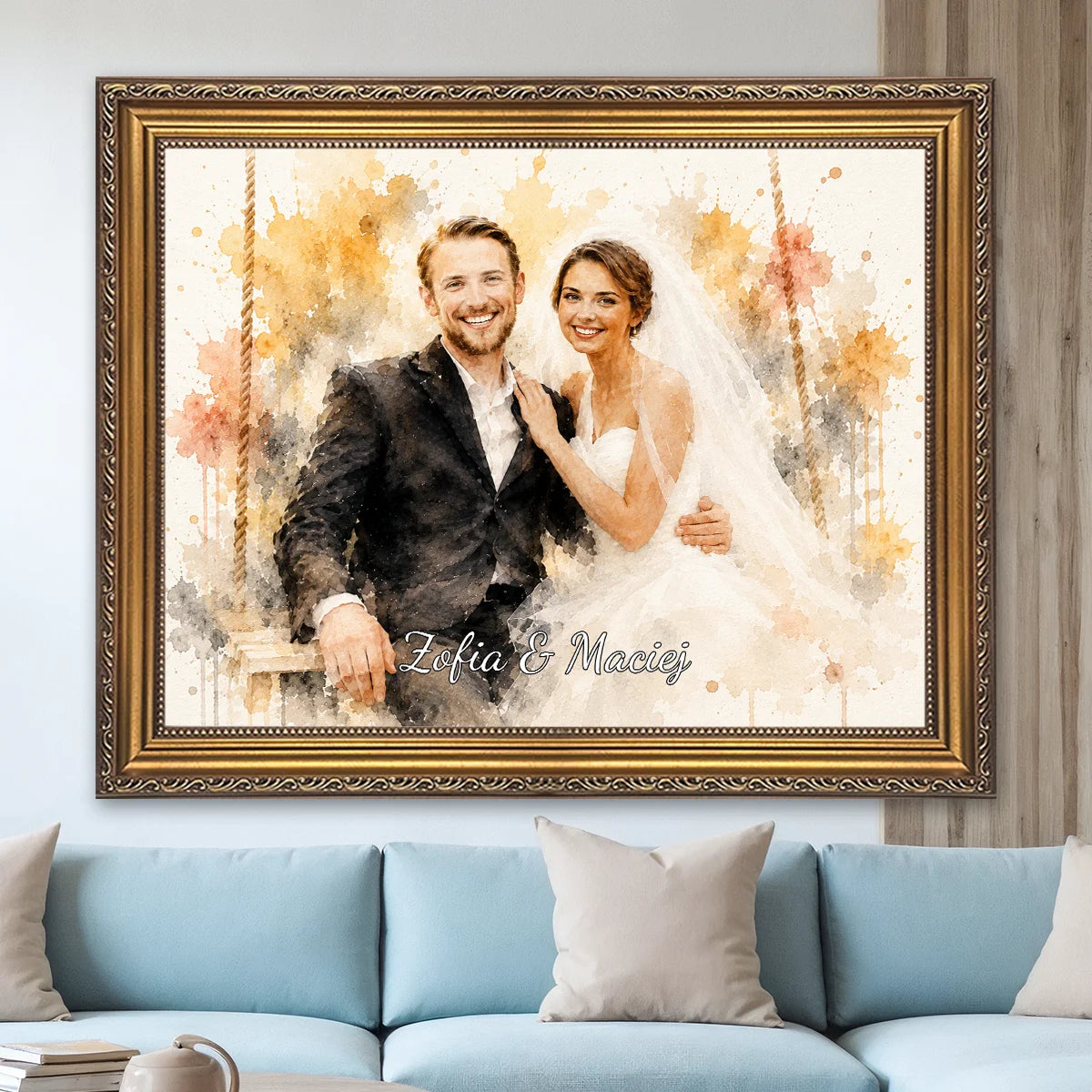Image of Personalizowany portret pary na płótnie w stylu akwareli, przedstawiający zakochanych w kompozycji z delikatnymi rozpryskami farb