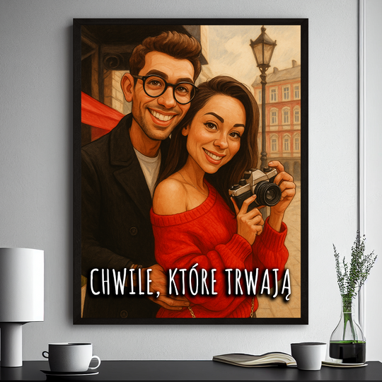 Portret pary w rysunkowym stylu + napis - plakat z Twojego zdjęcia