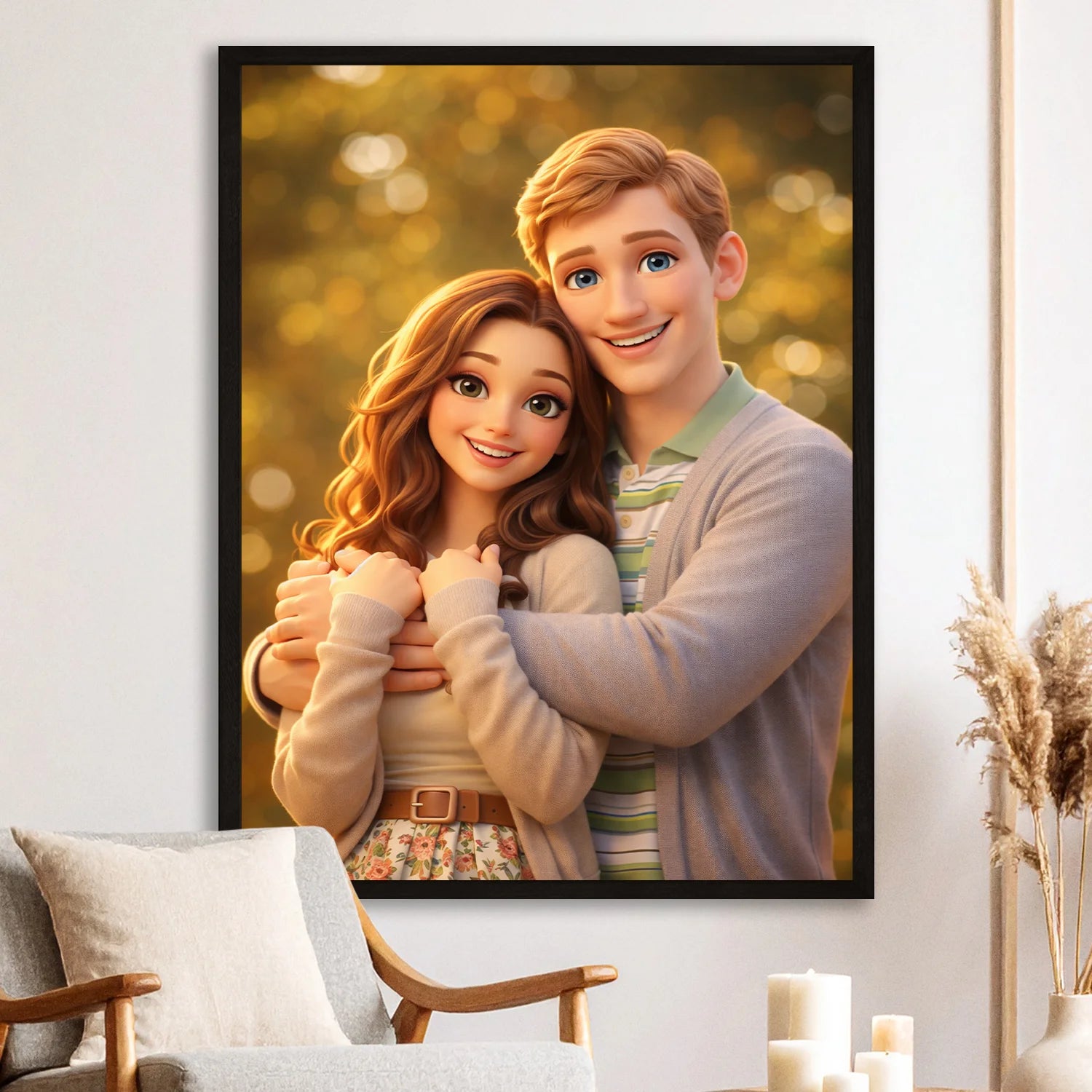Image of Personalizowany plakat zakochanej pary w bajkowym stylu, romantyczny portret ze zdjęcia w ciepłych kolorach