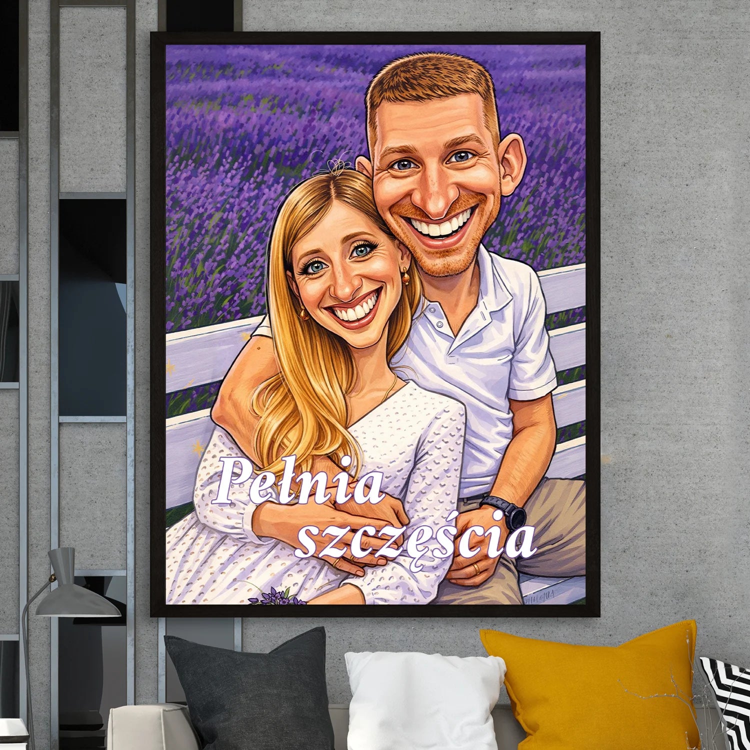 Image of Personalizowany portret pary na plakacie, styl karykatury, zakochana para na ławce, lawendowe pole w tle