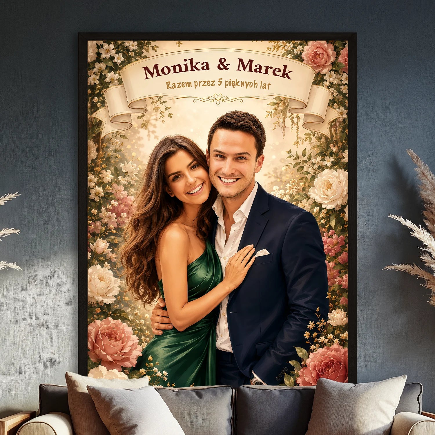 Image of Personalizowany plakat pary ze zdjęcia z imionami i rocznicową dedykacją, romantyczny prezent dla zakochanych na rocznicę