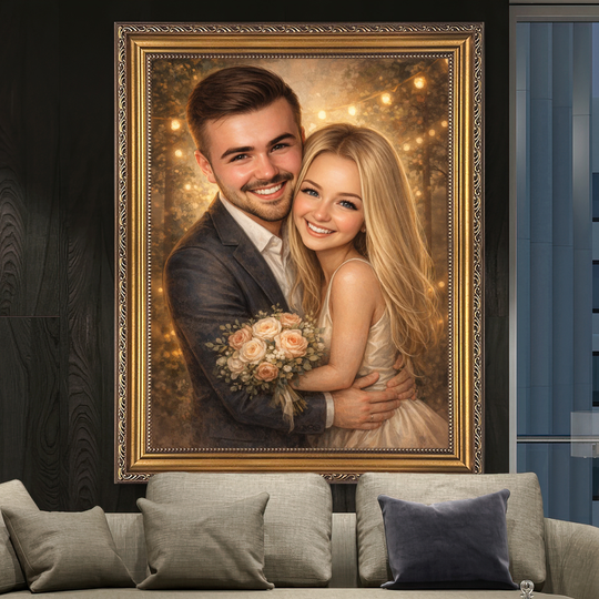 Oryginalny prezent dla pary na rocznicę - personalizowany portret na płótnie romantyczna ilustracja