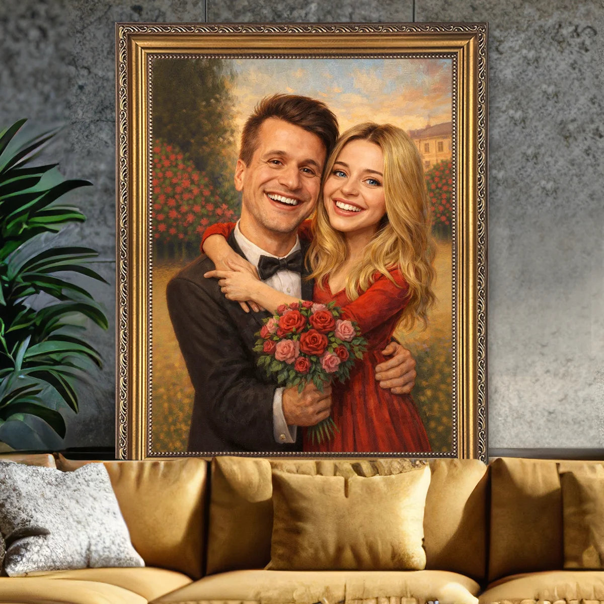 Image of Personalizowany portret pary na płótnie, obraz ze zdjęcia w romantycznym stylu, uśmiechnięta para z czerwonymi różami w eleganckiej ramie