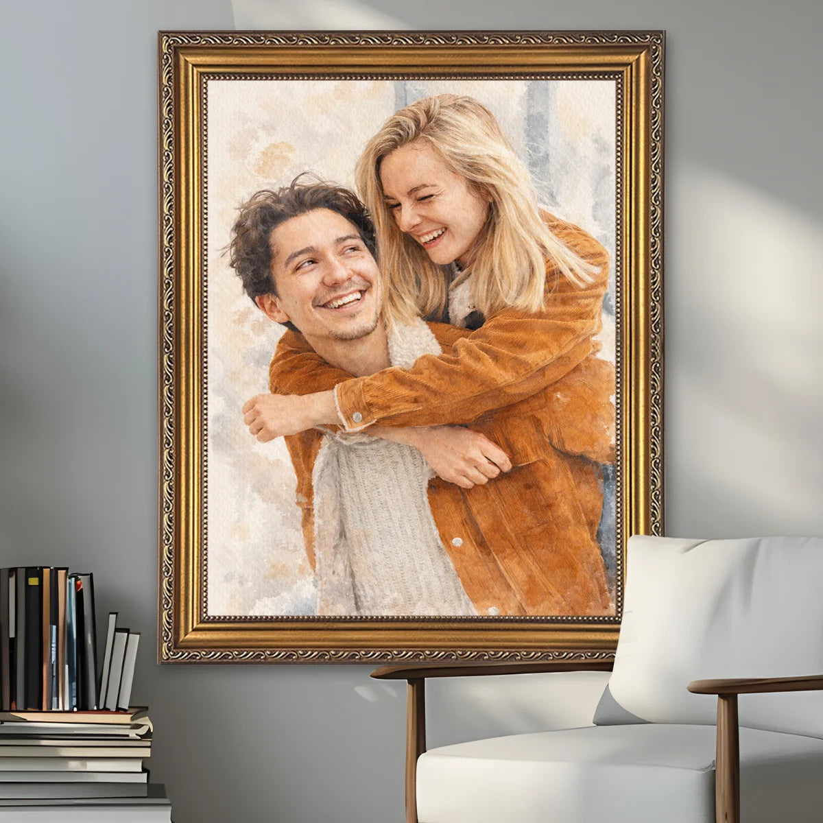 Image of Portret zakochanej pary na płótnie w stylu malarskim – uśmiechnięci zakochani, personalizowany obraz ze zdjęcia na walentynki lub rocznicę