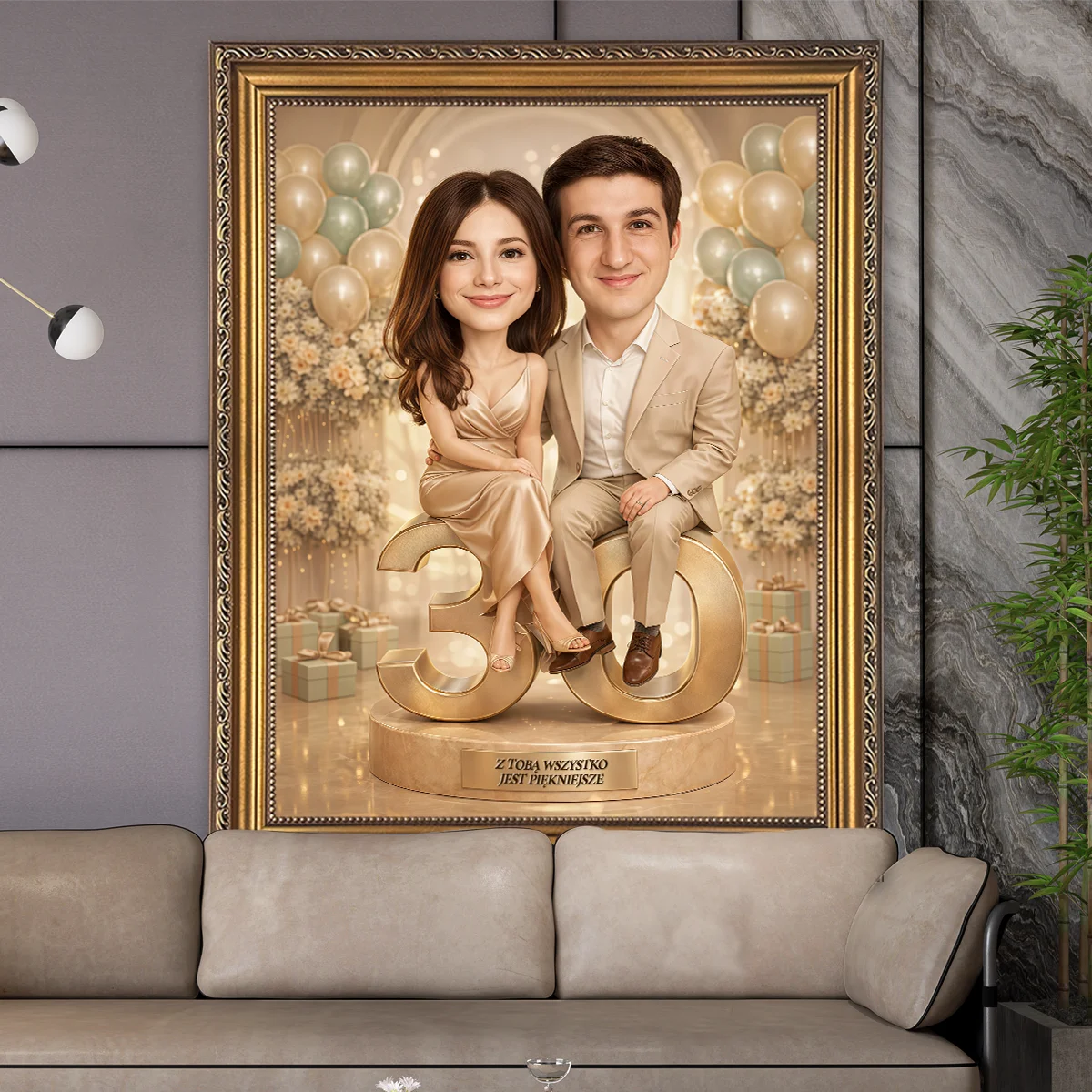 Image of Portret pary na płótnie na 30 rocznicę ślubu – elegancka para siedzi na liczbie 30, w tle balony, personalizowany obraz ze zdjęcia.