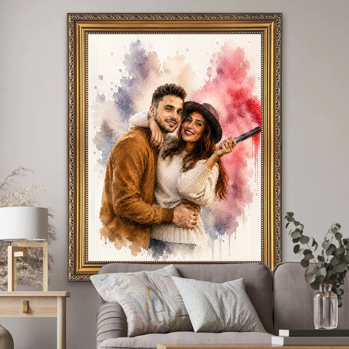 Image of Personalizowany portret pary na płótnie w stylu akwareli, wykonany ze zdjęcia, stylizowany na styl akwarelowy