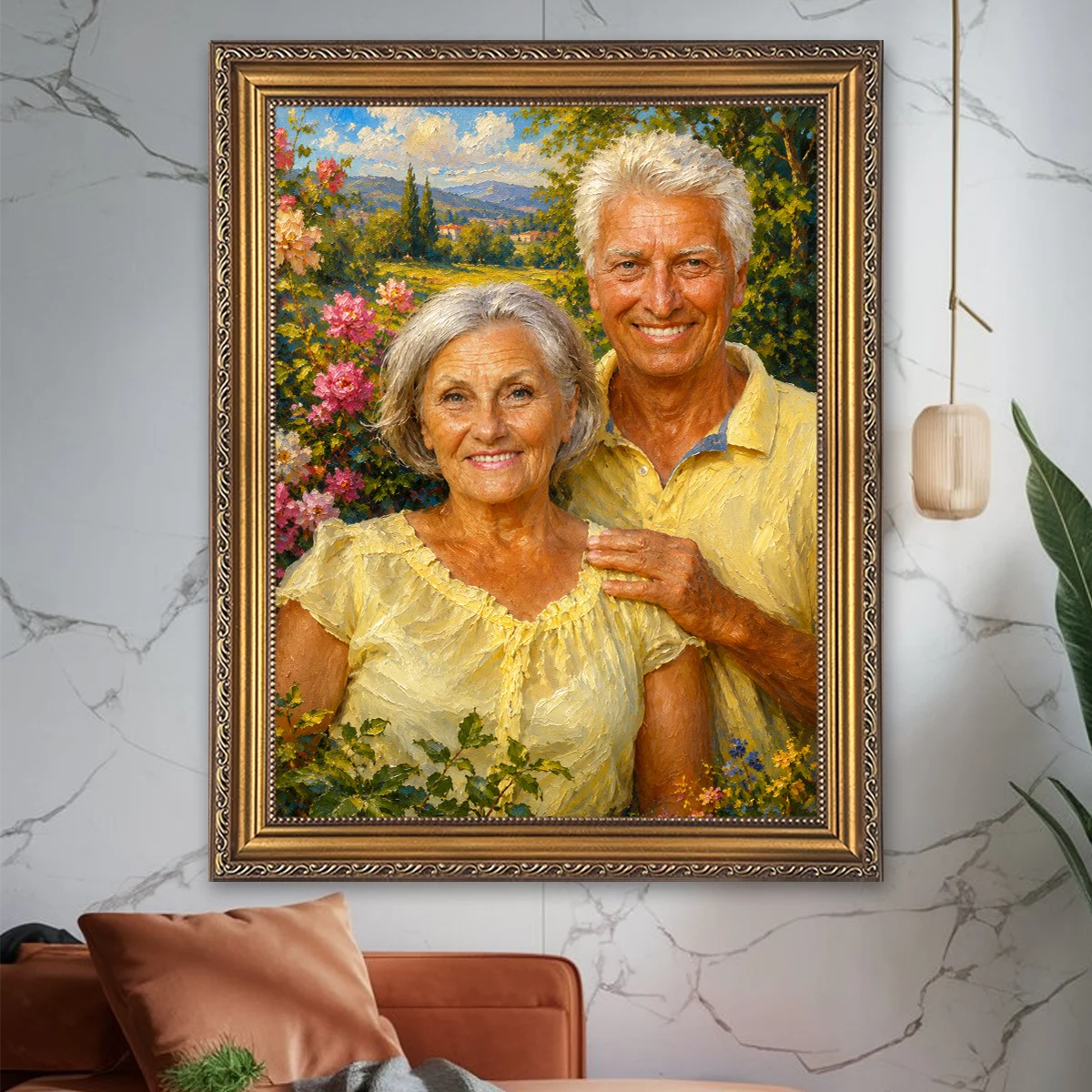 Image of Personalizowany portret starszej pary na płótnie wykonany ze zdjęcia, przedstawiony w malarskim stylu na kolorowym tle