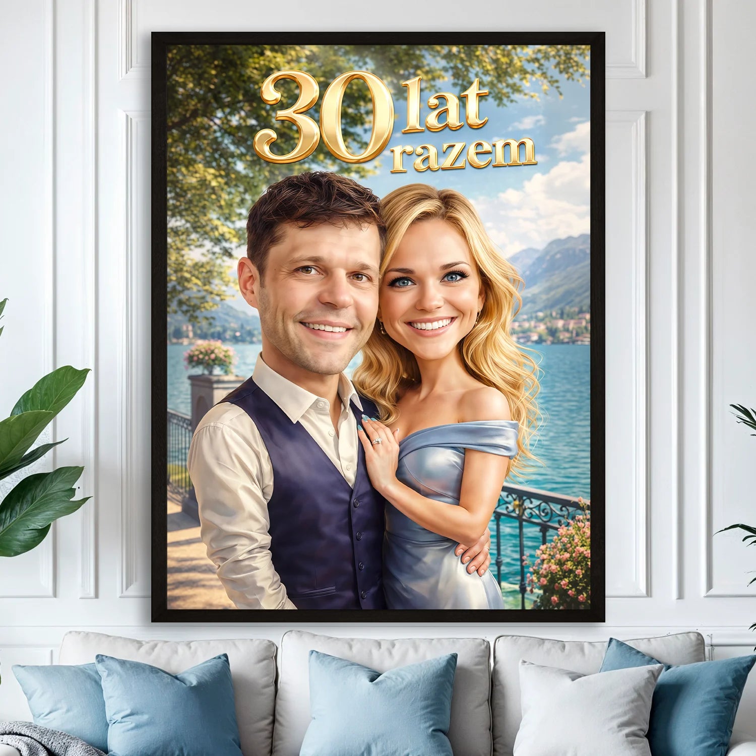 Image of Personalizowany portret pary na 30 rocznicę na plakacie, styl elegancki, para nad jeziorem, góry i taras w tle